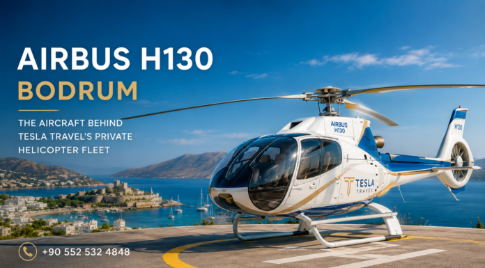 AIRBUS H130 BODRUM AIRBUS H130 BODRUM private helicopter by Tesla Travel parked on a helipad overlooking Bodrum Castle and the Aegean Sea, showcasing luxury VIP helicopter charter services in Bodrum.