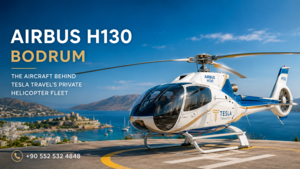 AIRBUS H130 BODRUM AIRBUS H130 BODRUM private helicopter by Tesla Travel parked on a helipad overlooking Bodrum Castle and the Aegean Sea, showcasing luxury VIP helicopter charter services in Bodrum.