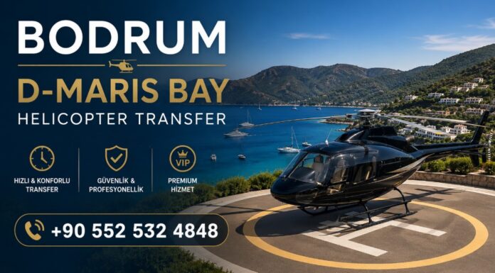 BODRUM D-MARIS BAY HELICOPTER TRANSFER BODRUM D-MARIS BAY HELICOPTER TRANSFER – Luxury black helicopter on a private helipad overlooking the turquoise coastline of D-Maris Bay, offering exclusive VIP helicopter transfers between Bodrum, Marmaris, Dalaman Airport, and surrounding luxury resorts.