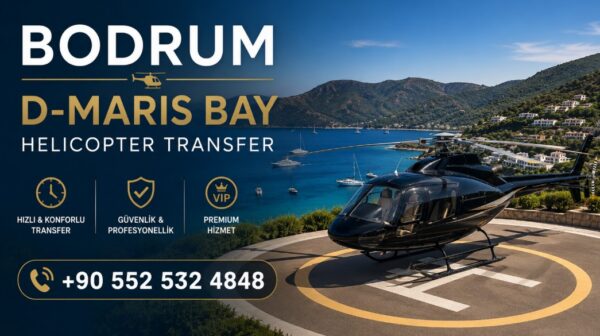 BODRUM D-MARIS BAY HELICOPTER TRANSFER BODRUM D-MARIS BAY HELICOPTER TRANSFER – Luxury black helicopter on a private helipad overlooking the turquoise coastline of D-Maris Bay, offering exclusive VIP helicopter transfers between Bodrum, Marmaris, Dalaman Airport, and surrounding luxury resorts.