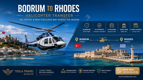 BODRUM TO RHODES HELICOPTER TRANSFER – Luxury private helicopter flight between Bodrum and Rhodes with breathtaking Aegean Sea views, VIP airport transfers, premium comfort, and the fastest cross-border travel experience.