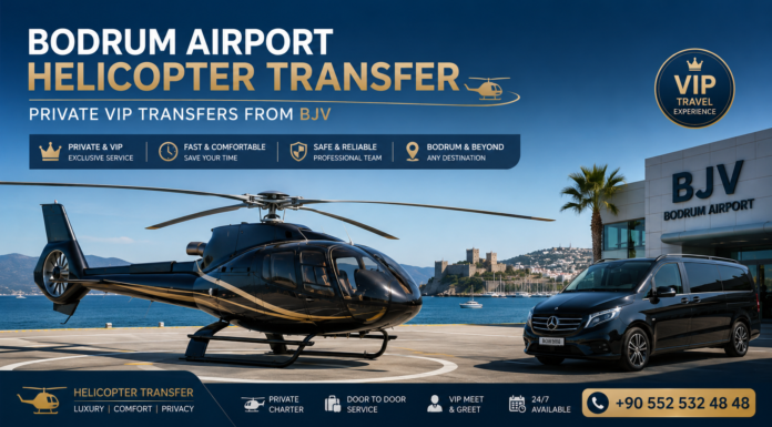 Bodrum Airport Helicopter Transfer Luxury Bodrum Airport Helicopter Transfer with private VIP helicopter and chauffeur service from BJV Milas-Bodrum Airport to hotels, villas, marinas, and yachts across Bodrum.