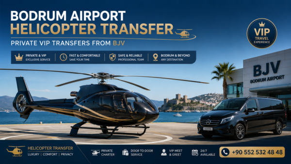 Luxury Bodrum Airport Helicopter Transfer with private VIP helicopter and chauffeur service from BJV Milas-Bodrum Airport to hotels, villas, marinas, and yachts across Bodrum.