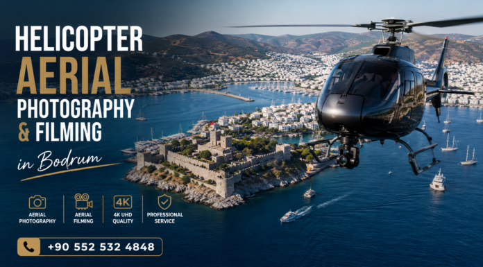 Helicopter Aerial Photography & Filming in Bodrum Helicopter Aerial Photography & Filming in Bodrum featuring a professional helicopter flying above Bodrum Castle, luxury yachts, the marina, and the turquoise Aegean coastline with contact number +90 552 532 4848.