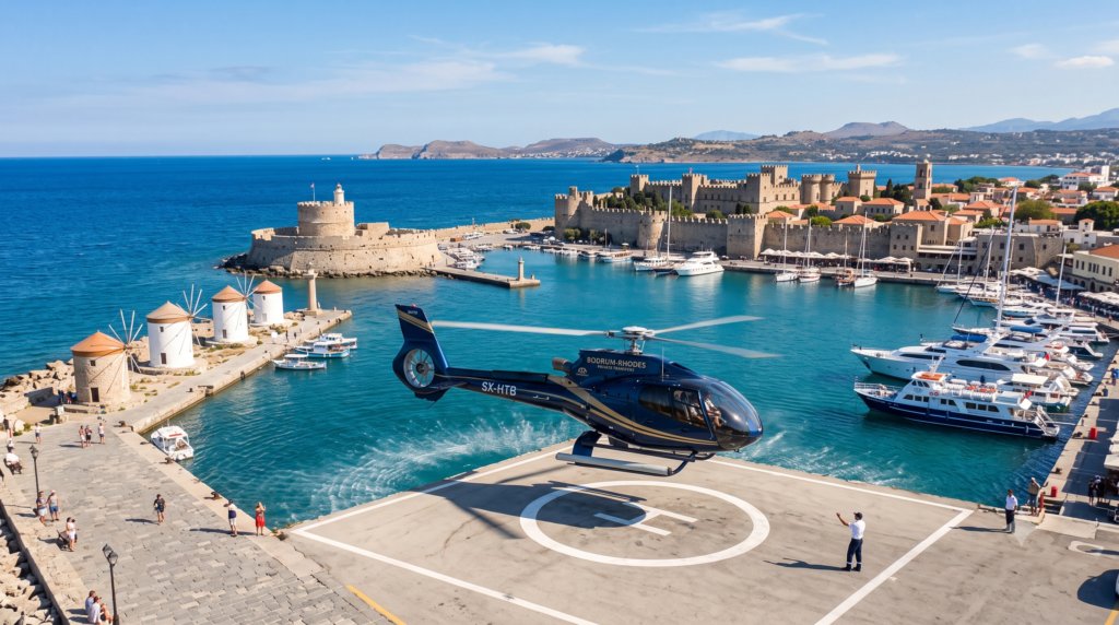 TESLA TRAVEL BODRUM TO RHODES HELICOPTER TRANSFER – Private luxury helicopter flights from Bodrum to Rhodes with VIP concierge service, panoramic Aegean Sea views, premium comfort, and seamless cross-border travel between Türkiye and Greece.