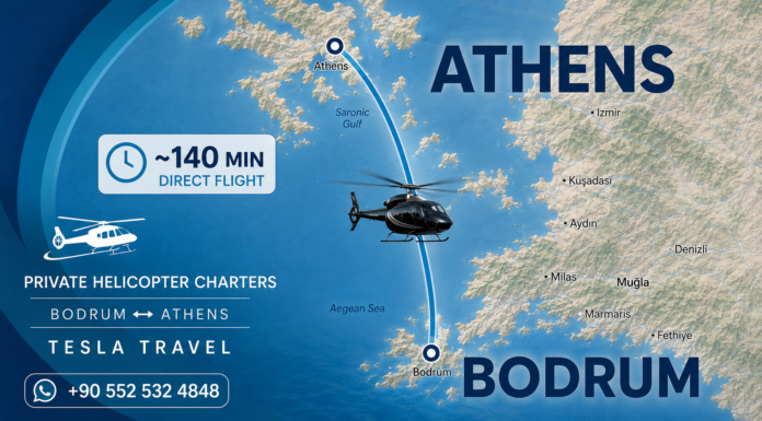 Bodrum to Athens Helicopter Bodrum to Athens private helicopter charter by Tesla Travel, offering direct VIP helicopter transfers between Bodrum, Turkey and Athens, Greece.