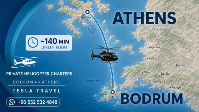 Bodrum to Athens private helicopter charter by Tesla Travel, offering direct VIP helicopter transfers between Bodrum, Turkey and Athens, Greece.