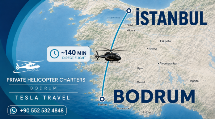 Bodrum to Istanbul Helicopter Bodrum to Istanbul Helicopter Charter route map showing a direct private helicopter flight between Bodrum and Istanbul with an estimated flight time of approximately 140 minutes, premium Tesla Travel branding, and helicopter illustration.