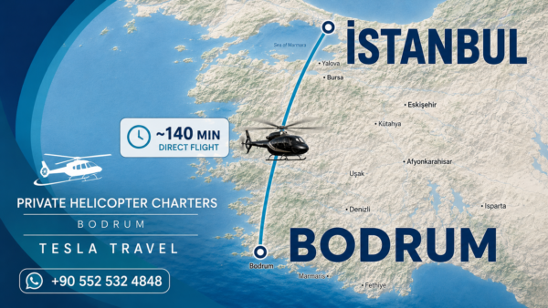Bodrum to Istanbul Helicopter Bodrum to Istanbul Helicopter Charter route map showing a direct private helicopter flight between Bodrum and Istanbul with an estimated flight time of approximately 140 minutes, premium Tesla Travel branding, and helicopter illustration.