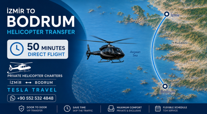 Izmir to Bodrum Helicopter Transfer Izmir to Bodrum Helicopter Transfer by Tesla Travel – private helicopter charter with approximately 50-minute direct flight.