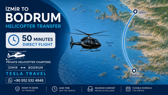 Izmir to Bodrum Helicopter Transfer by Tesla Travel – private helicopter charter with approximately 50-minute direct flight.