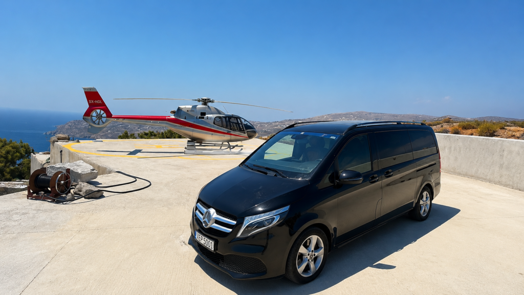 Mykonos Helicopters Elia Heliport VIP helicopter transfer with luxury Mercedes transfer service in Mykonos, Greece