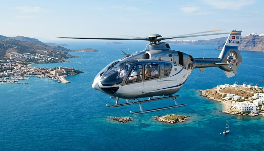 PRIVATE HELICOPTER FROM KUŞADASI TO MYKONOS & SANTORINI luxury helicopter charter connecting Kuşadası with the Greek Islands for fast and exclusive VIP travel.