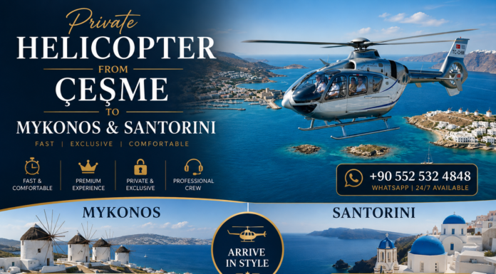 Private Helicopter from Çeşme to Mykonos & Santorini Private Helicopter from Çeşme to Mykonos & Santorini luxury helicopter charter over the Aegean Sea with panoramic island views.