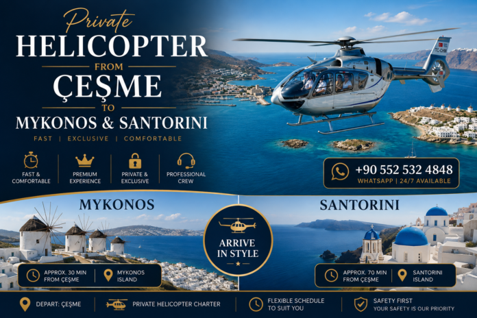 Private Helicopter from Çeşme to Mykonos & Santorini luxury helicopter charter over the Aegean Sea with panoramic island views.