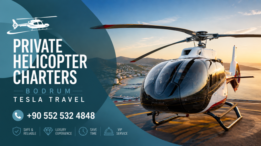 Tesla Travel private helicopter charters offering luxury VIP helicopter transfers in Bodrum, Turkey and the Greek Islands.