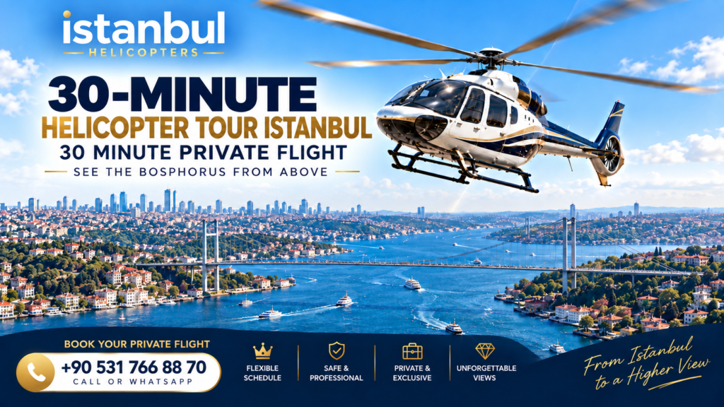 Private helicopter flying above Istanbul’s Bosphorus during a 30-minute helicopter tour.